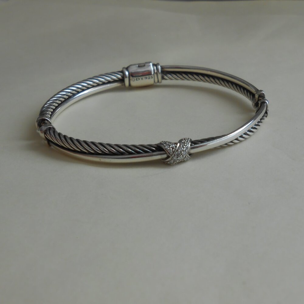 David Yurman Sterling Silver Petite X Diamond Crossover Bracelet EUC